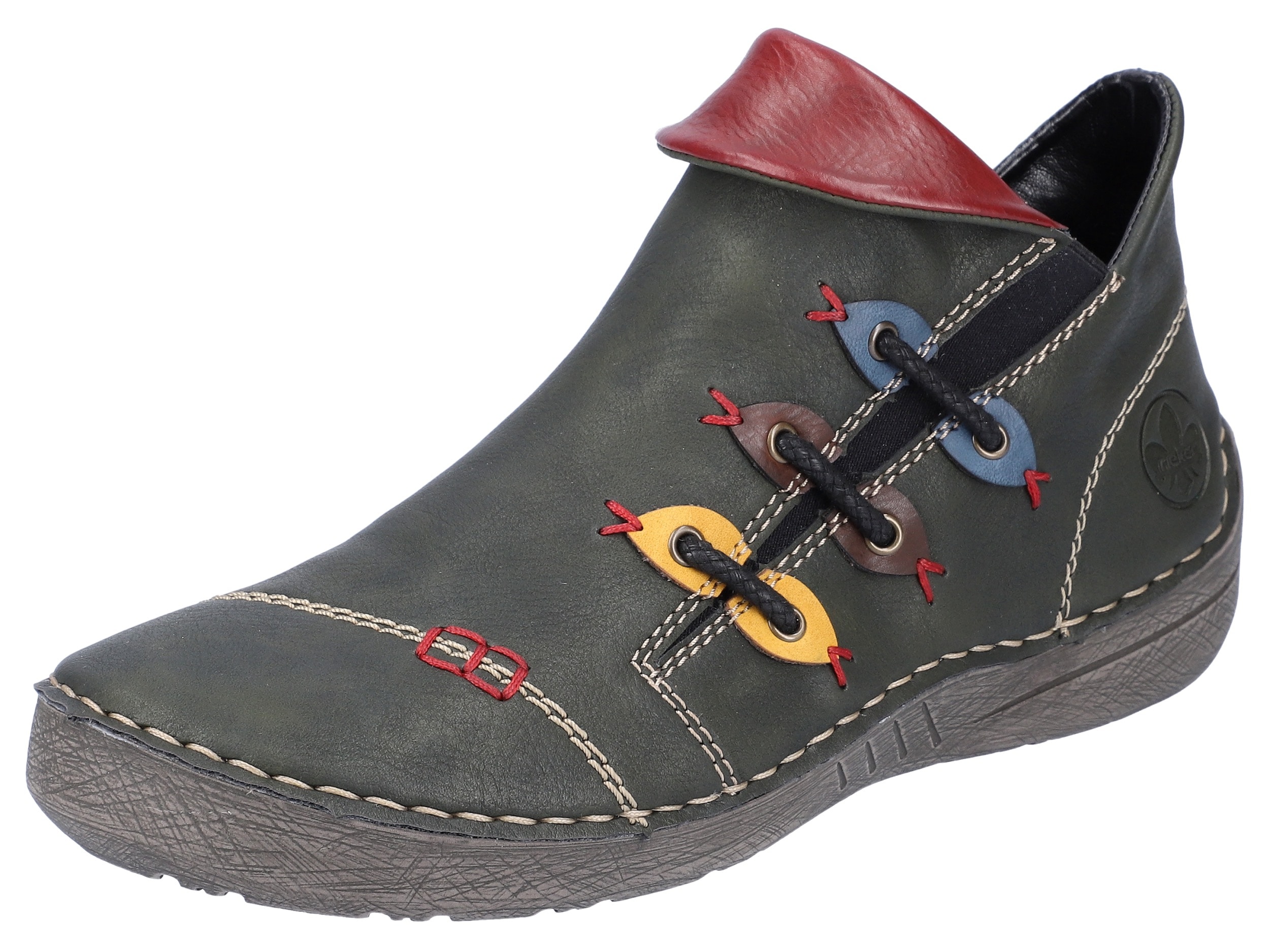 Stiefelette RIEKER, Damen, Gr. 40, grün (grün kombiniert), Lederimitat, Schuhe, Schlupfboots, Slipper mit bunten Applikationen seitlich, Topseller