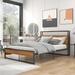 Full Size Metal and Wood Platform Bed Frame with Sockets, USB Ports and Wood Headboard