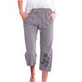 Womens Cropped Linen Pants Wide Leg High Elastic Waisted Print Drawstring Casual Flowy Capri Pants with Pockets (XX-Large Gray 01)