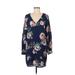 Everly Casual Dress - Shift V Neck Long sleeves: Blue Floral Dresses - Women's Size Medium