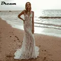 DREAM-Robe de Mariée Sirène en Dentelle Sexy Col en V Bretelles Spaghetti Dos aux Éducative