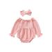 Thaisu 0-2Y Baby Girls Knitted Romper Set Solid Color Long Sleeve Off-shoulder Pleated Romper with Hairband Fall Outfit