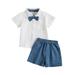 Toddler Little Boys Summer Outfits Summer Short Sleeved White Shirt With Bow Tie Blue Shorts Performance Baby Boys Clothes Size 130 White