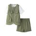 Boys Outfits Summer Summer Solid White Short Sleeved Inner Wear Workwear Sleeveless Jacket Elastic Shorts 3Pc Baby Boys Clothes Size C Green