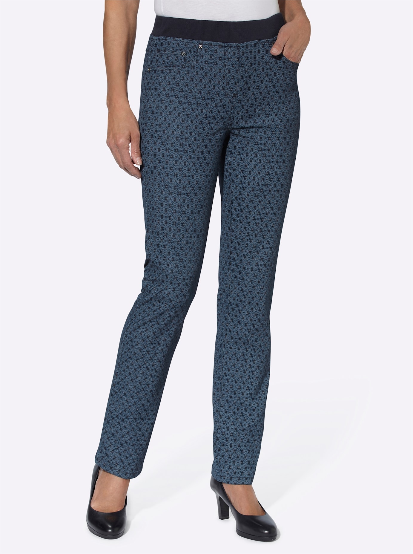 Schlupfjeans INSPIRATIONEN, Damen, Gr. 21, Kurzgrößen, blau (dunkelblau, bedruckt), 78% Baumwolle, 20% Polyester, 2% Elasthan, unifarben, lang, Jeans Image