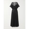 Ralph Lauren Collection - Romaine Cape-effect Embellished Silk-chiffon Maxi Dress - Black