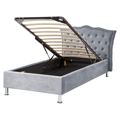 Bett mit Bettkasten Grau Samtstoff Lattenrost 90 x 200 cm Hohes Kopfteil Knopfheftung Chesterfield-Stil Glam Schlafzimme