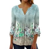 Ovticza Womens Summer Clothes Flare Sleeve Floral Compression Shirt Women 3/4 Sleeve Dressy Tunic Tops Button Down Work Blouses Clearance Light Green 3X