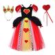 Girl's Queen of Hearts Costume Alice in Wonderland Fancy Halloween Dress Up with Crown Magic Wand 3PCS Cosplay Party Set Princess Blue Dress and Apron Fairytale Birthday Carnival Outfit Red 7-8 Years