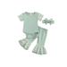 IZhansean 3Pcs Baby Girl Outfits Daisy Mesh Patchwork Lace Short Sleeve Romper Top + Flared Pants + Headband Clothes Green 3-6 Months