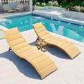 Outdoor Patio Acacia Wood Portable Extended Chaise Lounge Set with Foldable Tea Table for Balcony Poolside Garden Beautiful Curves Brown Finish+Gray Brown Cushion (Yellow+Brown)