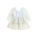 Thaisu Baby Girl Princess A-Line Dress Elegant Daisy Print Long Sleeves Mesh Tulle Party Dress for Toddler