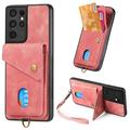 ELEHOLD Wallet Case for Samsung Galaxy S21 Ultra with Card Slots Detachable Wrist Strap Premium Leather Wallet Phone Case Work with Magnetic Car Mount Pink