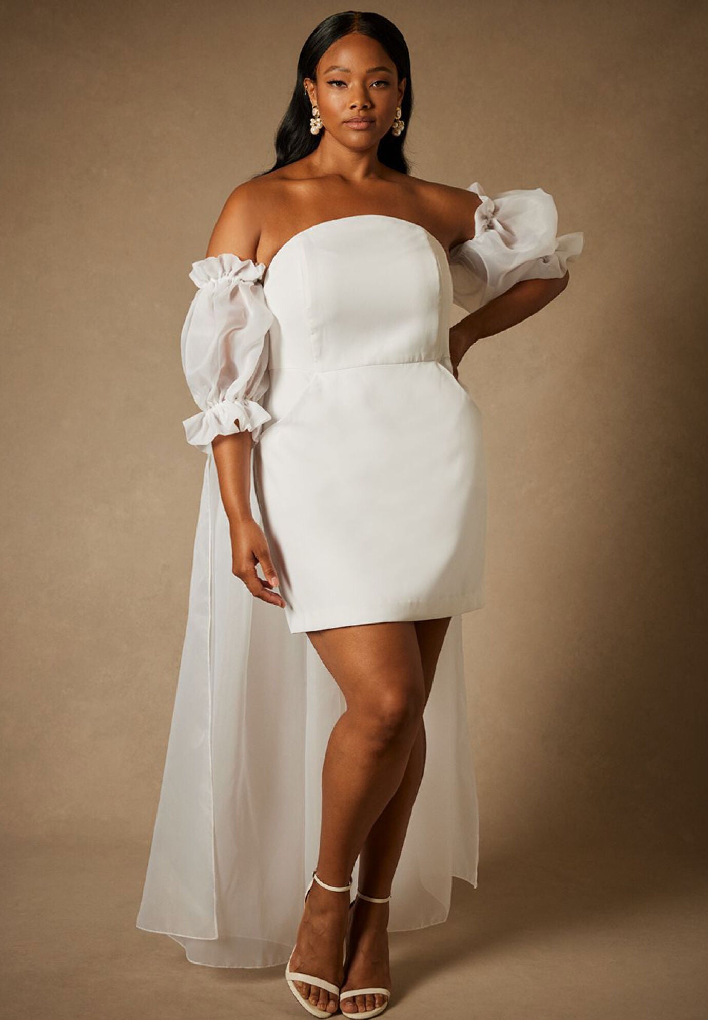 Plus Size Women's Bridal by ELOQUII Mini Dress With Puff Sleeve Cape in True White (Size 14)