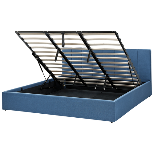 Bett Blau Stoffbezug mit Lattenrost 180 x 200 cm Hochklappbar Bettkasten Hohes Kopfteil Modern Schlafzimmer Möbel Ausstattung Doppelbett