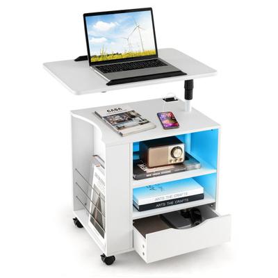 Costway Nightstand Bedside Table Swivel Laptop Tray with Charging Station and LED Lights-White