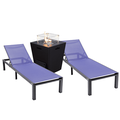 LeisureMod Marlin Modern Aluminum Outdoor Patio Chaise Lounge Chair Set of 2 with Square Fire Pit Side Table Perfect for Patio Lawn and Garden (Navy Blue)