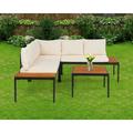 FDW Patio Furniture 4-Piece Acacia Wood Patio Sofa Set Outdoor Table Chair Set Outdoor Wood Chat Set with Water Resistant Cushions and Coffee Table for Beach Backyard Garden Khaki Cushion