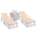 LeisureMod Marlin Modern White Aluminum Outdoor Patio Chaise Lounge Chair With Arms Set of 2 with Square Fire Pit Side Table Perfect for Patio Lawn and Garden (Light Brown)