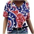 REORIAFEE American Flag Shirt Tops Women 4th of July T-Shirts Star Stripes USA Patriotic Tees Print Tops V-Neck Short Sleeve Red XXL