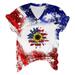 REORIAFEE American Flag Top for Women 4th of July Stars Striped Tees Patriotic USA Flag Tops USA Independence Sunflower Print T-Shirt V-Neck Short Sleeve Yellow S