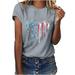 REORIAFEE USA Independence Day 4th Of July T-Shirt American Patriot Apparel for Women Independence Day Print Tops Crew Neck Short Sleeve Gray M