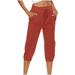 Oalirro Drawstring Pants Women Petite Short Cropped Trousers Straight Leg Pants Women Cotton Linen Watermelon Red