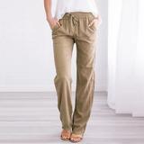 Mother s Day POROPL Cargo Pants for Women Clearance Under $20 Casual Loose Cotton Linen Solid Wide Leg Drawstring Elastic Waist Straight Pants for Women Khaki Size M