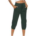 Oalirro Drawstring Pants Women Petite Short Cropped Trousers Cargo Pants Women High Waist Straight Leg Cotton Linen Green