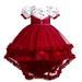 safuny Girls s Party Gown Birthday Tail Dress Clearance Floral Comfy Fit Mesh Ruffle Hem Short Sleeve Princess Dress Lovely Holiday Vintage Round Neck Red 5-14Y
