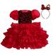 safuny Girls s Party Gown Birthday Dress Clearance Solid Sequin Comfy Fit Round Neck Tiered Mesh Ruffle Hem Vintage Puff Sleeve Princess Dress Holiday Lovely Red 2-10Y