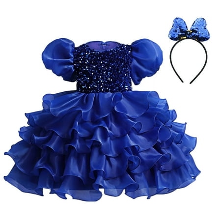 safuny Girls s Party Gown Birthday Dress Solid Sequin Comfy Fit Round Neck Tiered Mesh Ruffle Hem Vintage Puff Sleeve Princess Dress Holiday Lovely Blue 2-10Y