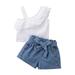 BJUTIR Girls Summer Outfits Solid Color One Shoulder Strap Sleeveless Lace Top Tie Up Denim Shorts Two Piece Set