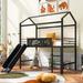 Twin House Loft Bed with Slide and Roof, Metal House Bed with Slide, Modern Style Heavy-Duty Steel Frame Loft Bed