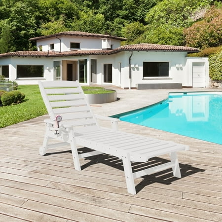 LOYALICE Adjustable Wheeled HDPE Plastic Outdoor Patio Lounge Chair W/ Cup Holder 78.3 x25.1 x16.3 White