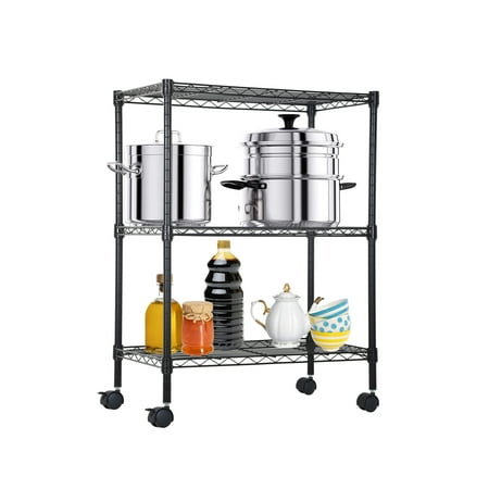 3 Shelf Shelving Storage Units with Wheels Wire Heavy Duty Shelves for Storage Adjustable Storage Shelving Unit for Kitchen Garage Office Small Places Metal Organizer Wire Rack