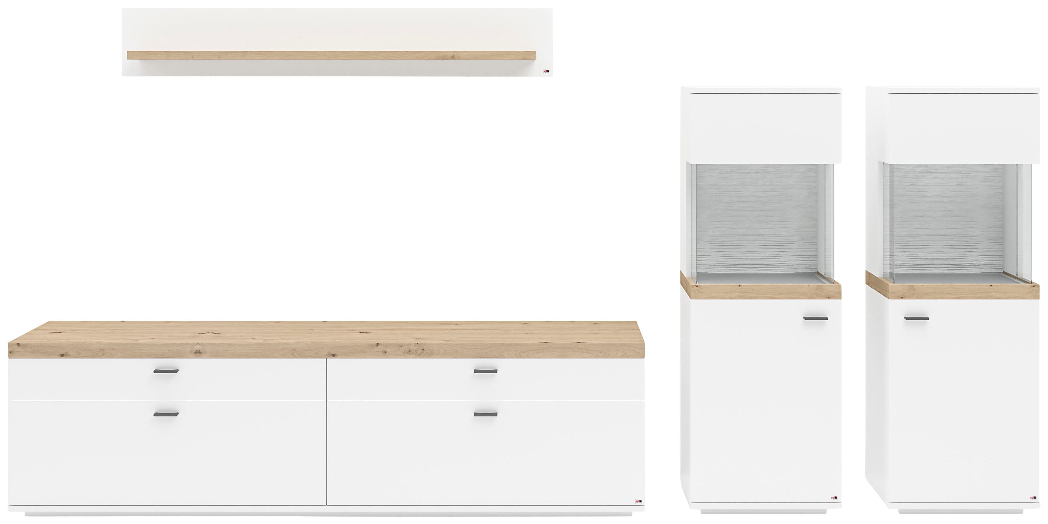 Wohnwand "Lancaster", weiß (weiß mit eiche artisan), B:330,2cm H:170cm T:43,6cm, SET ONE BY MUSTERRING, Kastenmöbel-Sets, 4-teilig mit Fronten in weiß oder grau, Breite ca.330cm