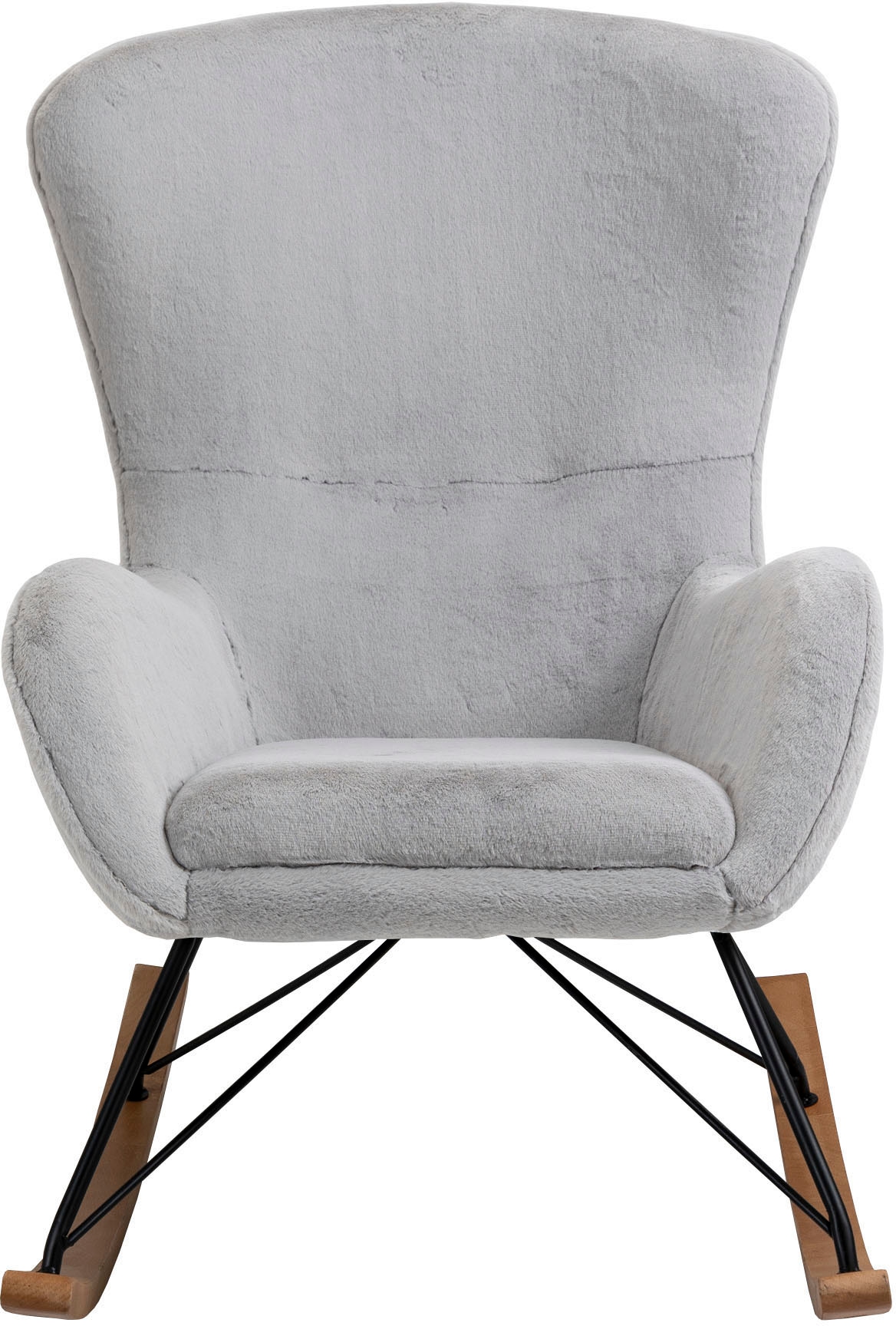 Schaukelstuhl SALESFEVER "Komfortabl und im Vintage-Stil", grau (hellgrau, schwarz, natur), B:70cm H:102cm T:94cm, Massivholz, Metall, Polyester, Stühle, Schaukelstuhl, in Lammfelloptik