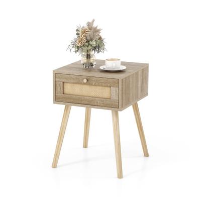 Costway Modern Rattan Nightstand with Drawer and Solid Wood Legs for Bedroom and Living Room-Natural