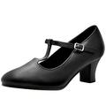 s.lemon T-Strap Character Shoe,Black Leather Hard Sole T Bar Character Shoes for Women 37EU