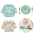 HAOAN Toddler Feeding Set Long Sleeve Baby Bibs Stainless Steel Kids Flatware Set with Silicone Divided Plates 5pcs