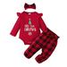 Mikrdoo Infant Girls 1st Christmas Gift 0 Months Baby Girls Letter Print Ruffle Romper 3 Months Baby Girls Checker Pants Headband 3Pcs Clothes Set Red