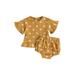 Qtinghua 2Pcs Newborn Baby Girls Cotton Linen Outfits Flared Sleeve Floral T-Shirt Top Bloomer Shorts Infant Summer Clothes Yellow Brown 12-18 Months