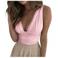 Dtydtpe 2024 Clearance Sales Crop Tops for Women Casual Solid V-Neck Fold Vest Splice Fit Tank Short Tops Womens Tops