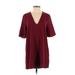 American Apparel Casual Dress - Shift V-Neck Short sleeves: Burgundy Solid Dresses - Women's Size Small