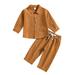 Boys Solid Long Sleeve Two Piece Set Cotton Linen Standing Neck Button Down Shirt Top+ Linen Pant with Pocket