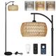 Rayofly Arc Floor Lamp for Living Room, Dimmable Floor Lamps with Remote Control, Boho Standing Lamp with Rattan & Linen Double Shades, Black Reading Tall Lamp for Bedroom Office, 9W LED Bulb Included