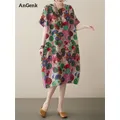 Robe mi-longue en coton et lin pour femmes manches courtes motif Floral Vintage décontracté