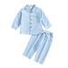 Boys Solid Long Sleeve Two Piece Set Cotton Linen Standing Neck Button Down Shirt Top+ Linen Pant with Pocket