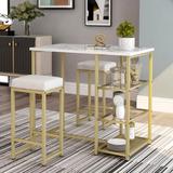 3-piece Modern Pub Set with Faux Marble Countertop and 2 Bar Stools, Dining Table Set with 3 Storage for Dining Room